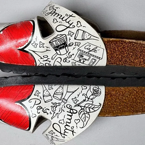 Amity Paris Love & Cafe Graphic Slides | Adjusted Contoured Footbed Birkenstocks - Picture 2 of 5